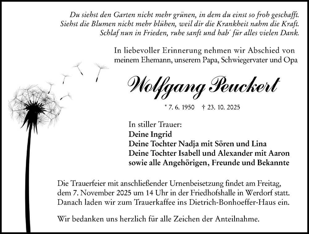  Traueranzeige für Wolfgang Peuckert vom 01.11.2025 aus Wetzlarer Neue Zeitung