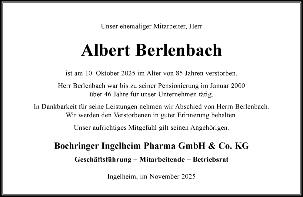  Traueranzeige für Albert Berlenbach vom 06.11.2025 aus Allgemeine Zeitung Rheinhessen-Nahe