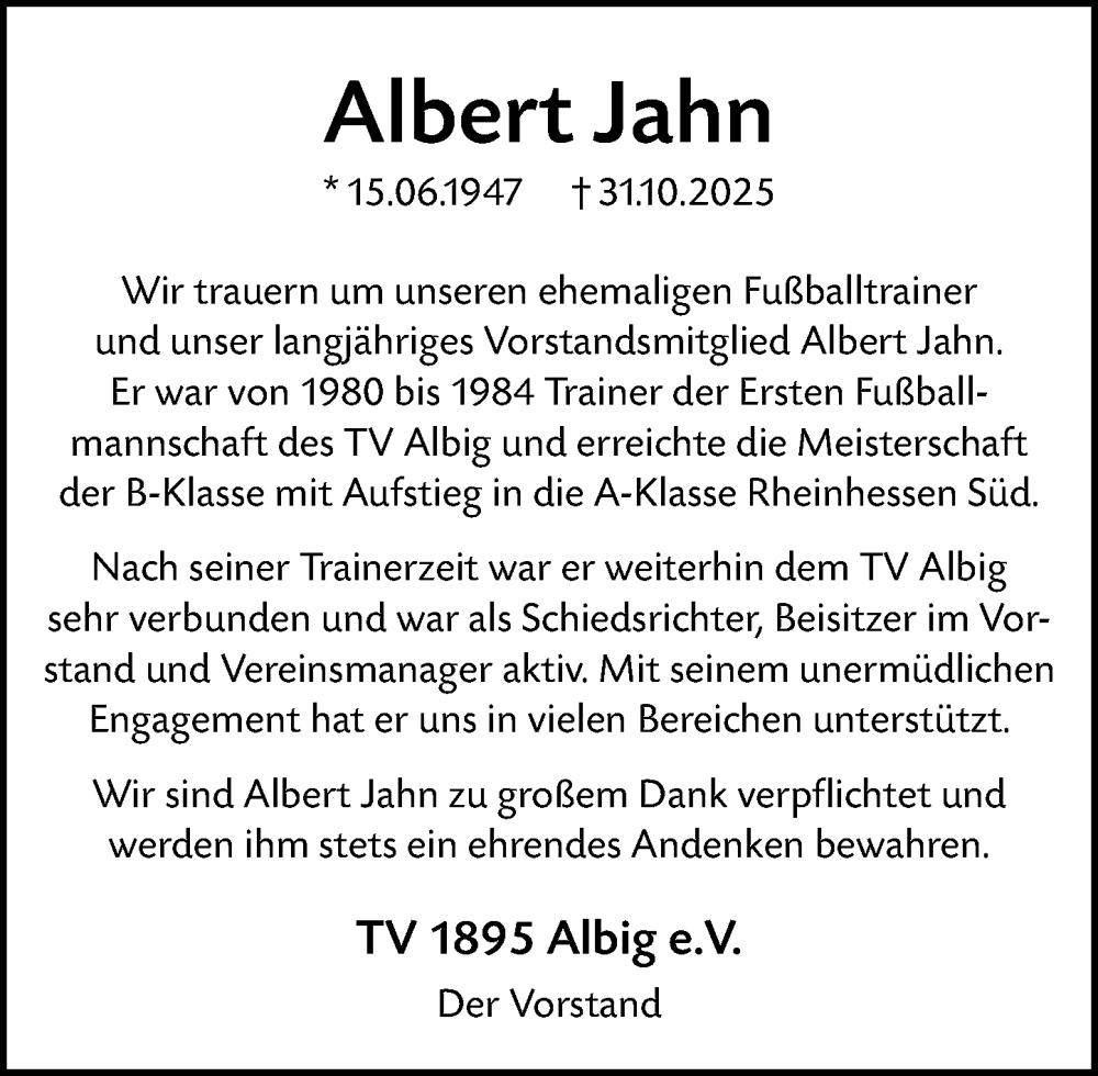  Traueranzeige für Albert Jahn vom 14.11.2025 aus Allgemeine Zeitung Alzey