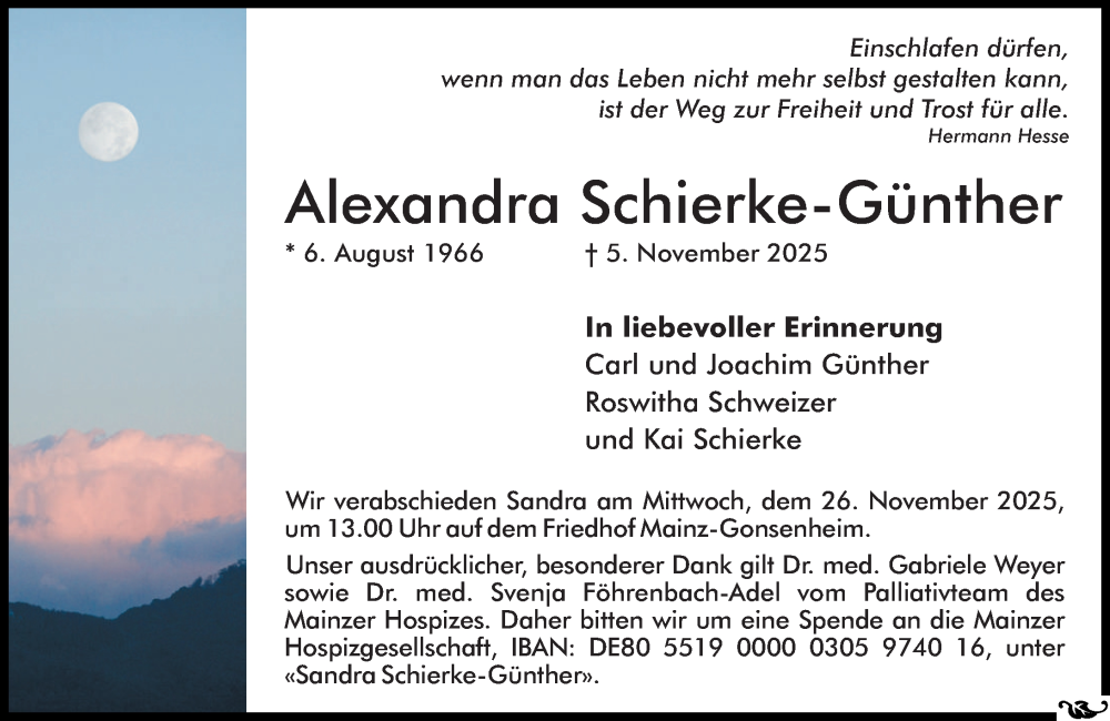  Traueranzeige für Alexandra Schierke-Günther vom 15.11.2025 aus Allgemeine Zeitung Mainz