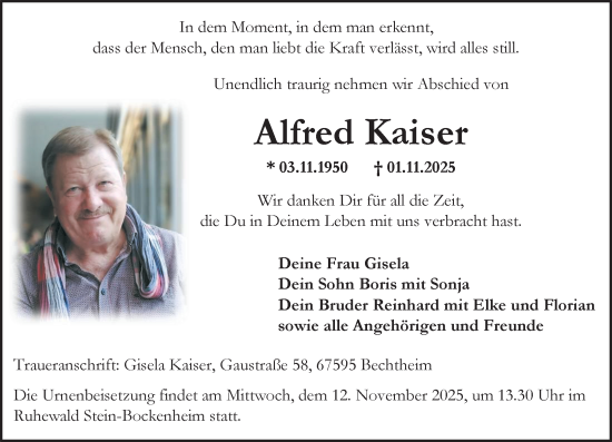 Traueranzeige von Alfred Kaiser von Wormser Zeitung