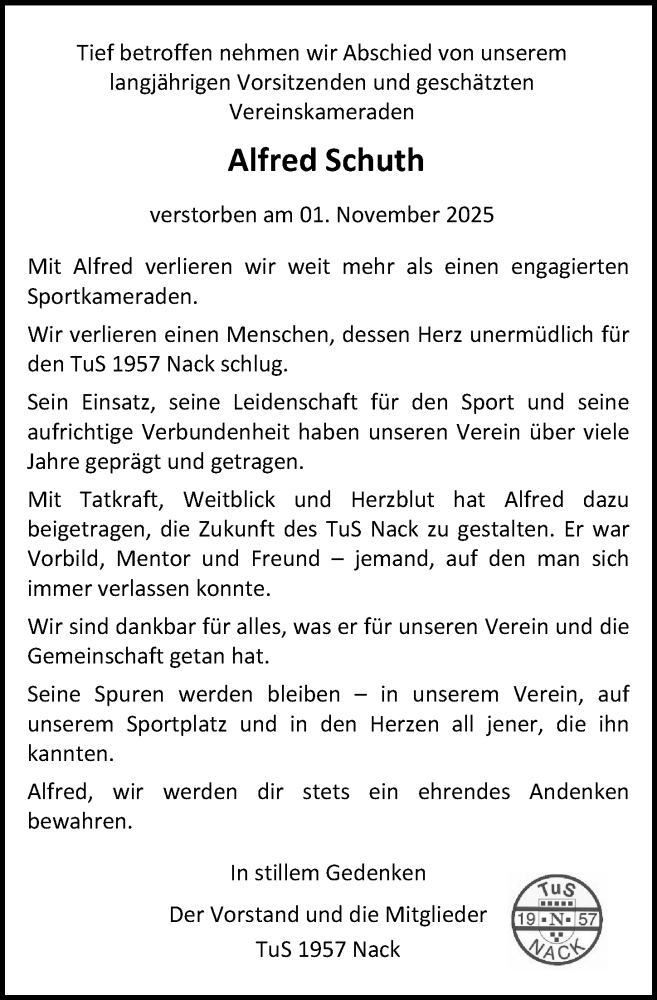  Traueranzeige für Alfred Schuth vom 12.11.2025 aus Allgemeine Zeitung Alzey