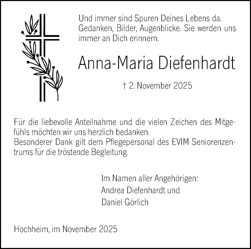  Traueranzeige für Anna-Maria Diefenhardt vom 14.11.2025 aus Hochheimer Zeitung