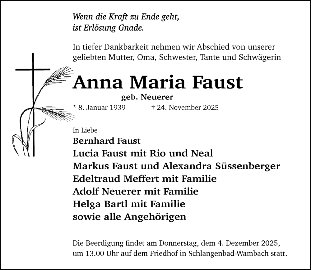  Traueranzeige für Anna Maria Faust vom 29.11.2025 aus Wiesbadener Kurier