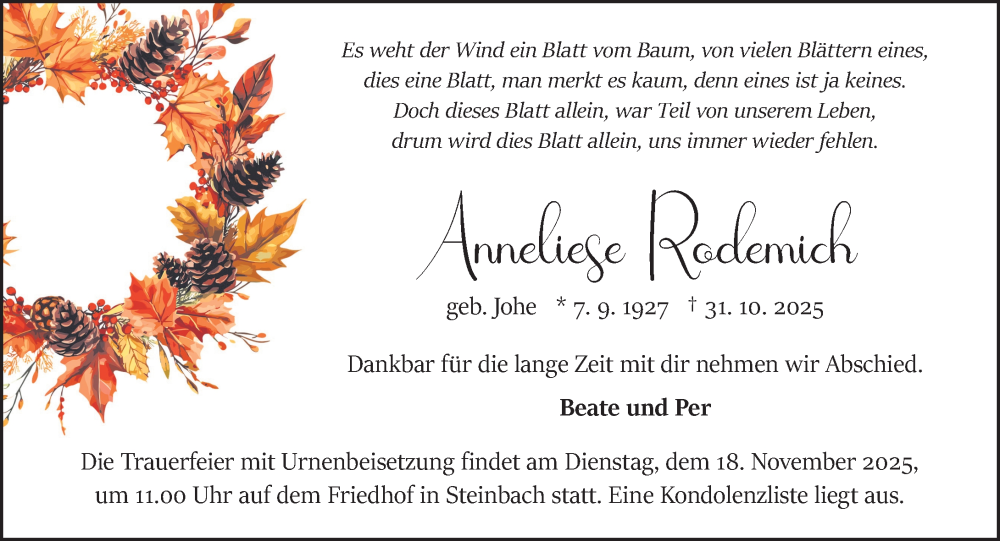  Traueranzeige für Anneliese Rodemich vom 08.11.2025 aus Odenwälder Echo