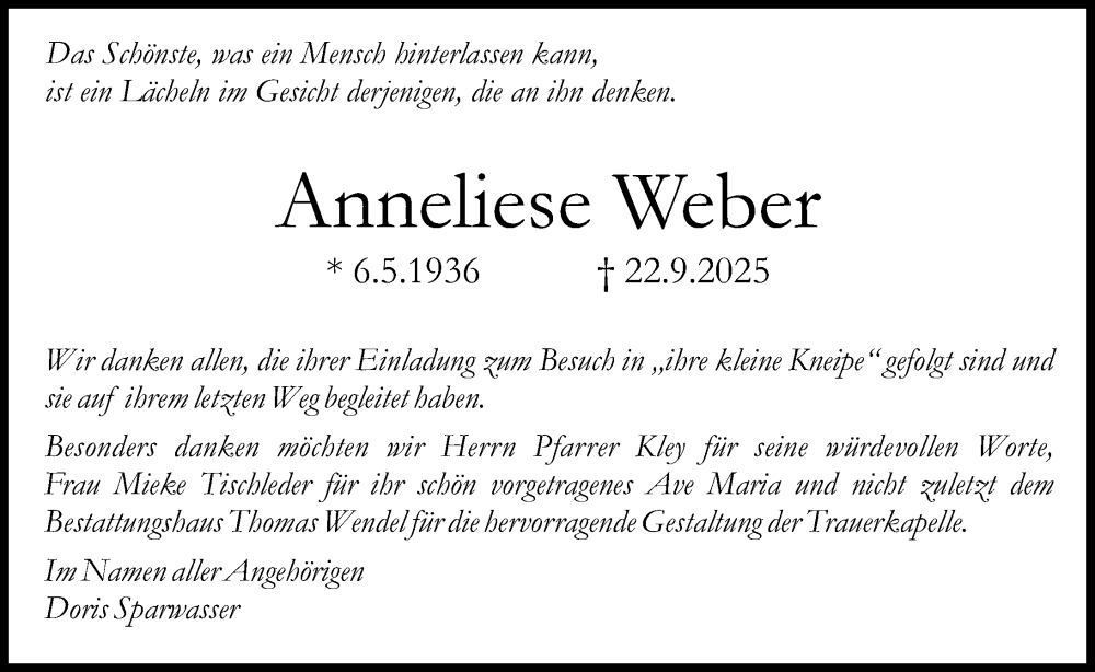  Traueranzeige für Anneliese Weber vom 08.11.2025 aus Binger-/Ingelheimer Wochenblatt