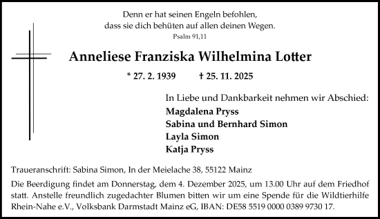 Traueranzeige von Anneliese Franziska Wilhelmina Lotter von Allgemeine Zeitung Rheinhessen-Nahe