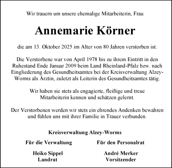 Traueranzeige von Annemarie Körner von Wormser Zeitung
