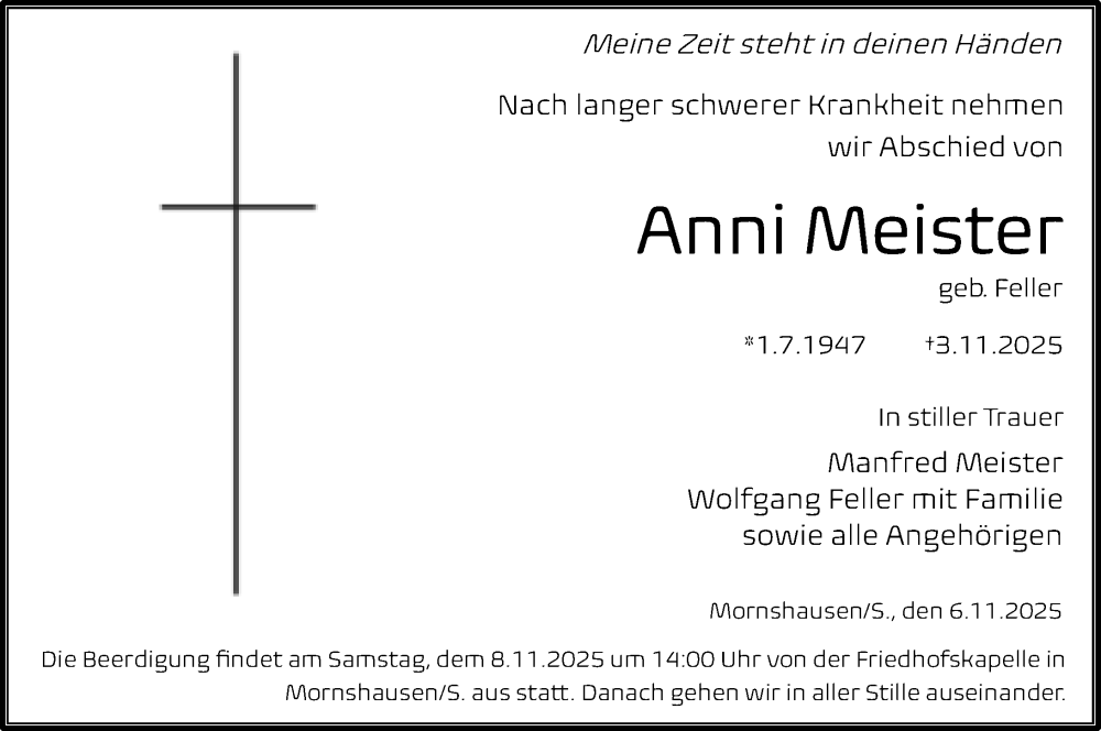  Traueranzeige für Anni Meister vom 06.11.2025 aus Hinterländer Anzeiger