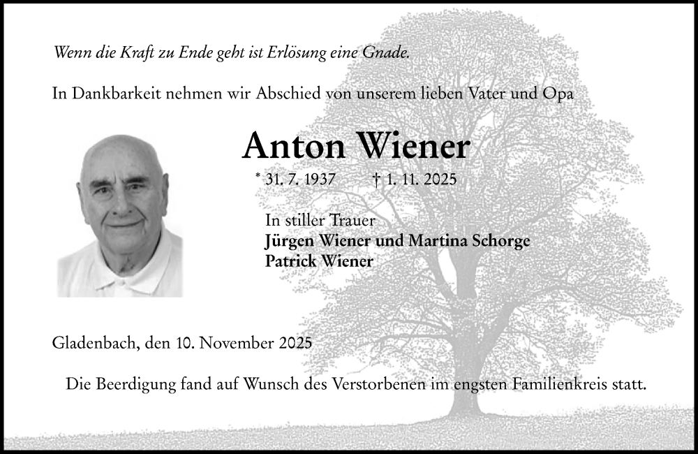  Traueranzeige für Anton Wiener vom 10.11.2025 aus Hinterländer Anzeiger