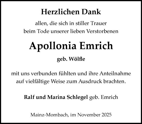 Traueranzeige von Apollonia Emrich von Allgemeine Zeitung Mainz