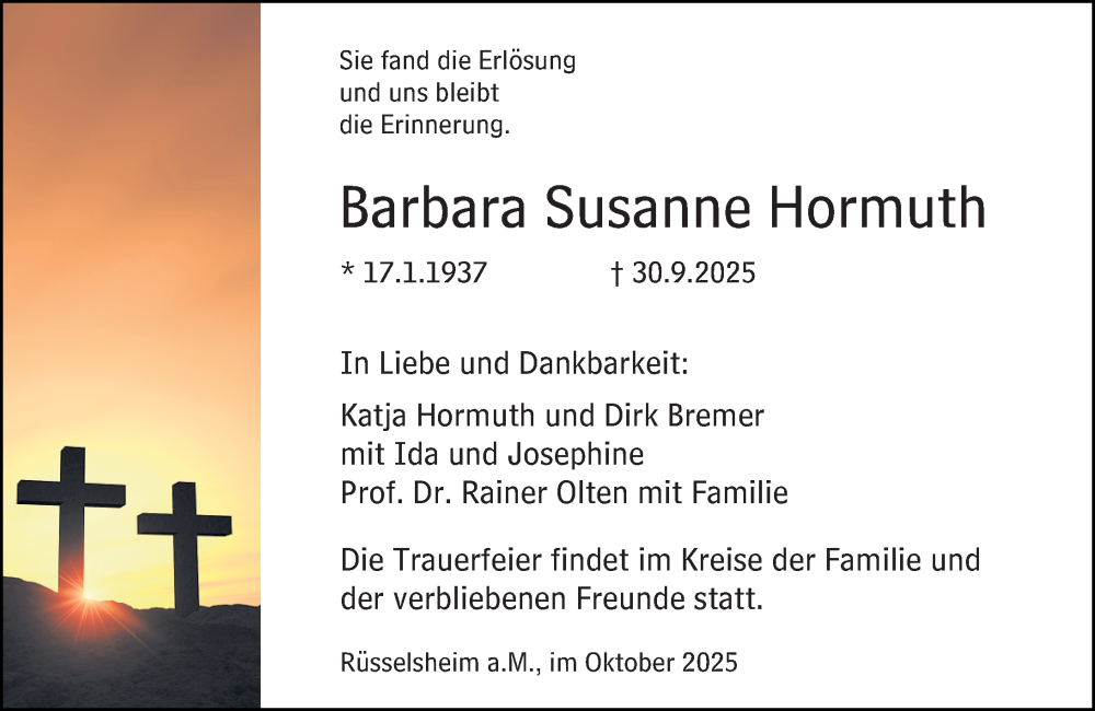  Traueranzeige für Barbara Susanne Hormuth vom 11.10.2025 aus Rüsselsheimer Echo