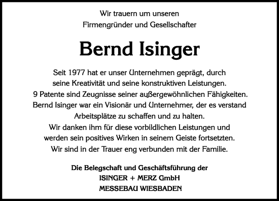 Traueranzeige von Bernd Isinger von Wiesbadener Kurier