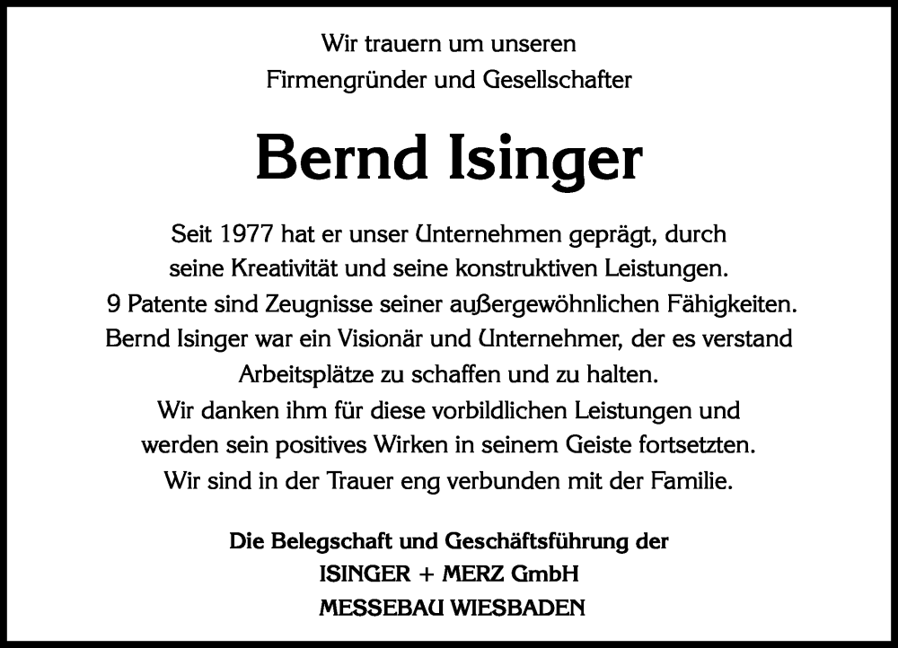  Traueranzeige für Bernd Isinger vom 22.11.2025 aus Wiesbadener Kurier