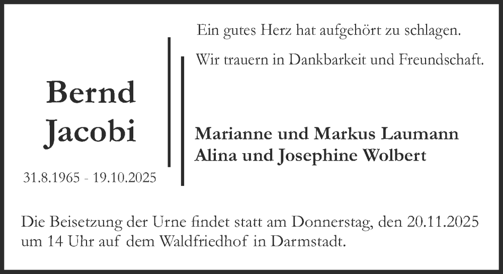  Traueranzeige für Bernd Jacobi vom 08.11.2025 aus Darmstädter Echo