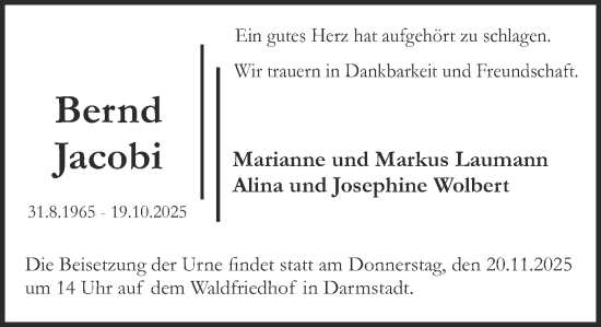 Traueranzeige von Bernd Jacobi von Darmstädter Echo