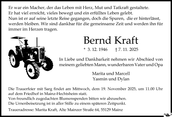 Traueranzeige von Bernd Kraft von Allgemeine Zeitung Mainz