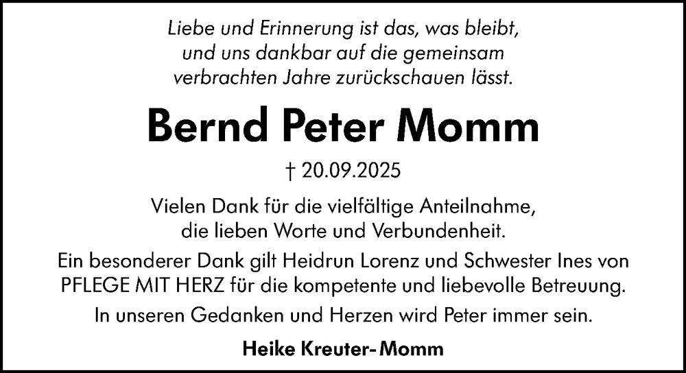  Traueranzeige für Bernd Peter Momm vom 15.11.2025 aus Dill Block