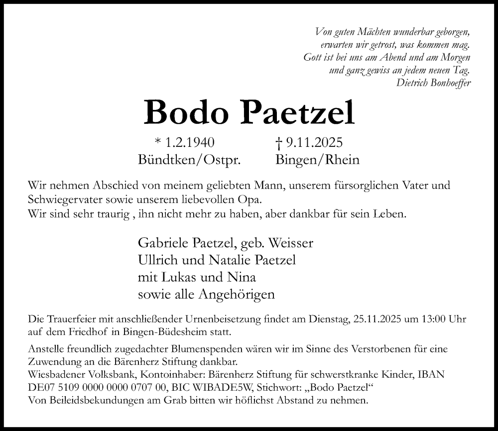  Traueranzeige für Bodo Paetzel vom 15.11.2025 aus Allgemeine Zeitung Rheinhessen-Nahe