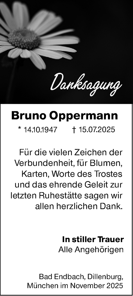  Traueranzeige für Bruno Oppermann vom 28.11.2025 aus Hinterländer Anzeiger