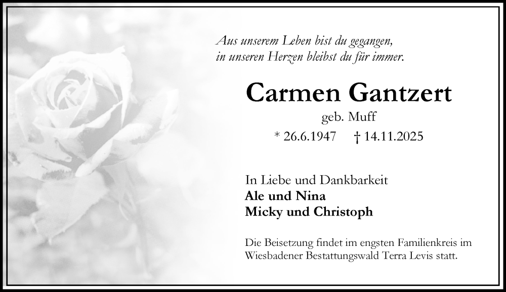  Traueranzeige für Carmen Gantzert vom 22.11.2025 aus Wiesbadener Kurier