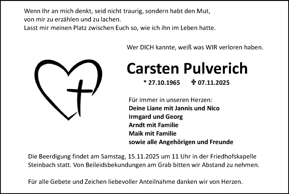  Traueranzeige für Carsten Pulverich vom 12.11.2025 aus Dill Block