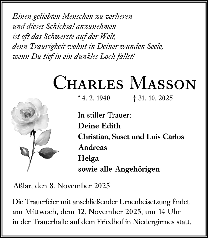  Traueranzeige für Charles Masson vom 08.11.2025 aus Wetzlarer Neue Zeitung