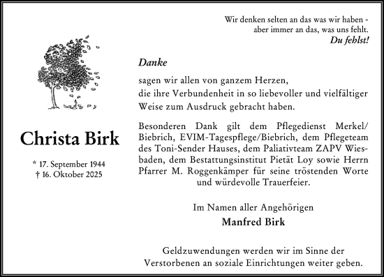 Traueranzeige von Christa Birk von Wiesbadener Kurier