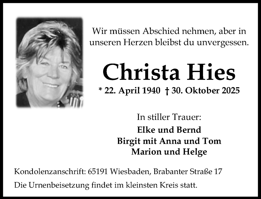  Traueranzeige für Christa Hies vom 08.11.2025 aus Wiesbadener Kurier
