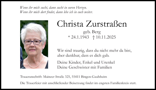 Traueranzeige von Christa Zurstraßen von Binger-/Ingelheimer Wochenblatt