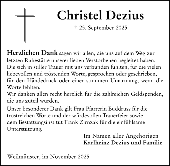 Traueranzeige von Christel Dezius von Weilburger Tageblatt