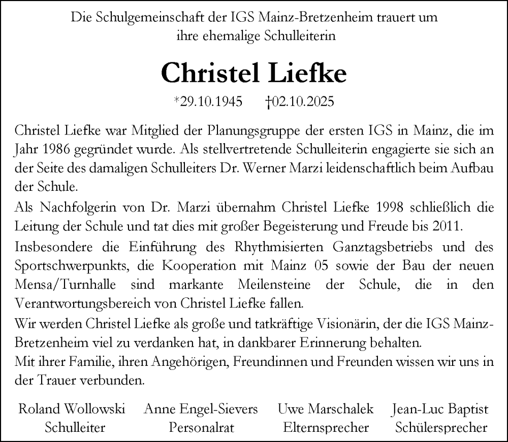  Traueranzeige für Christel Liefke vom 08.11.2025 aus Allgemeine Zeitung Mainz