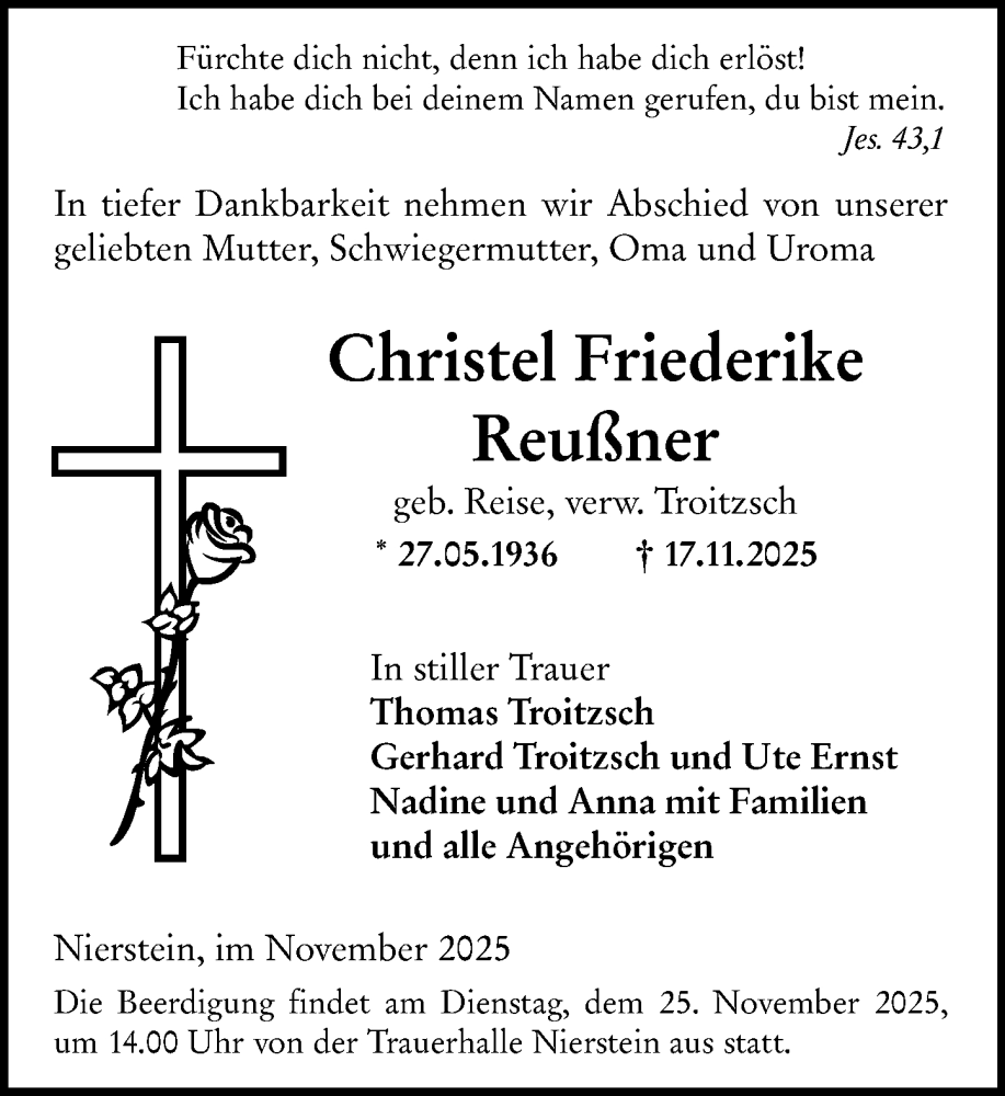  Traueranzeige für Christel Friederike Reußner vom 22.11.2025 aus Allgemeine Zeitung Mainz