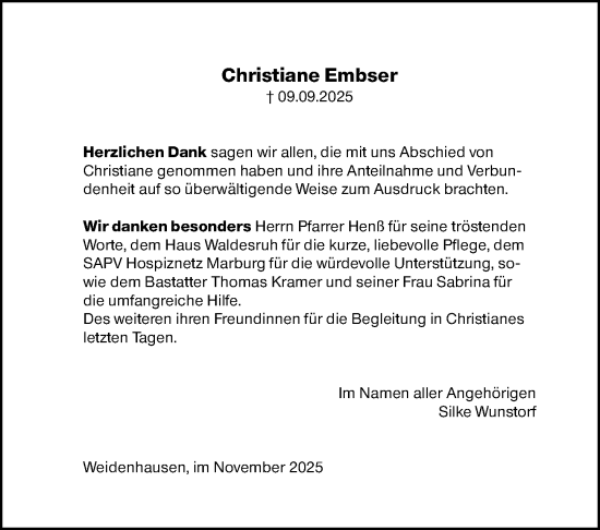 Traueranzeige von Christiane Embser von Hinterländer Anzeiger