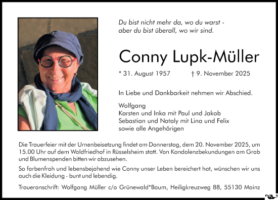 Traueranzeige von Conny Lupk-Müller von Rüsselsheimer Echo