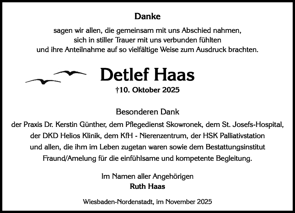  Traueranzeige für Detlef Haas vom 22.11.2025 aus Wiesbadener Kurier
