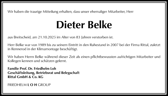Traueranzeige von Dieter Belke von Dill Block