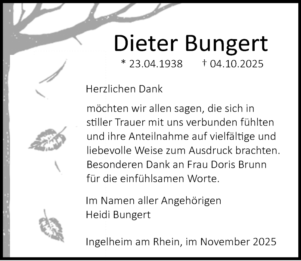  Traueranzeige für Dieter Bungert vom 22.11.2025 aus Allgemeine Zeitung Rheinhessen-Nahe