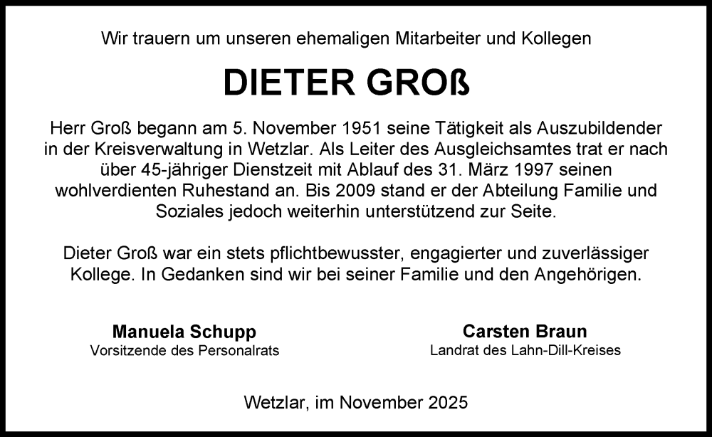  Traueranzeige für Dieter Groß vom 08.11.2025 aus Wetzlarer Neue Zeitung