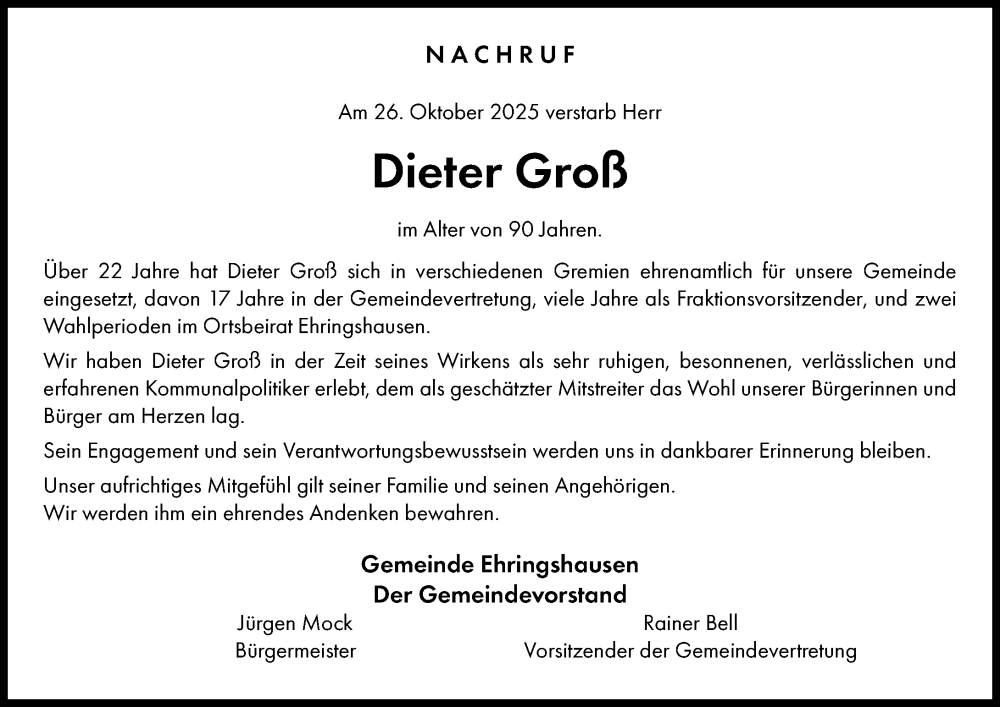  Traueranzeige für Dieter Groß vom 05.11.2025 aus Wetzlarer Neue Zeitung