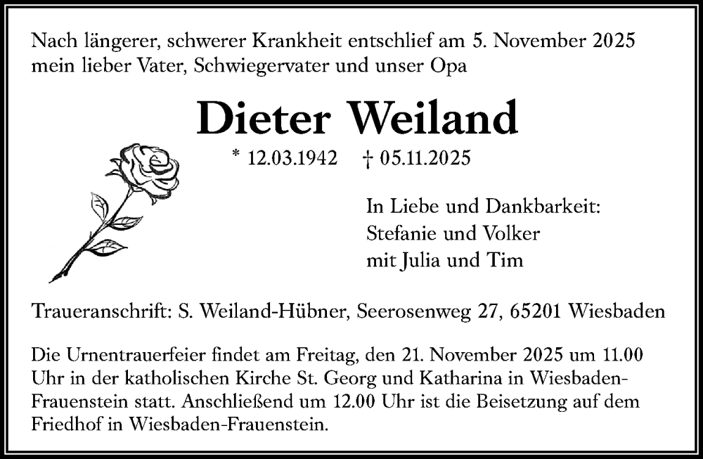  Traueranzeige für Dieter Weiland vom 15.11.2025 aus Wiesbadener Kurier