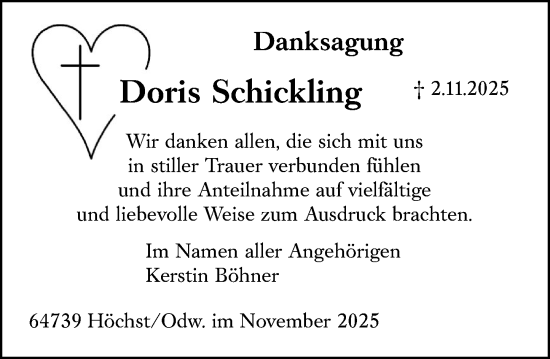 Traueranzeige von Doris Schickling von Odenwälder Echo