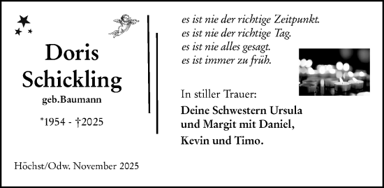 Traueranzeige von Doris Schickling von Odenwälder Echo