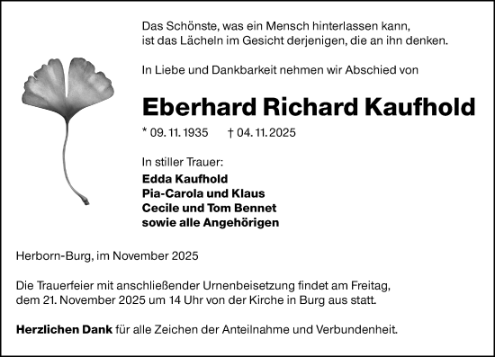 Traueranzeige von Eberhard Richard Kaufhold von Dill Block