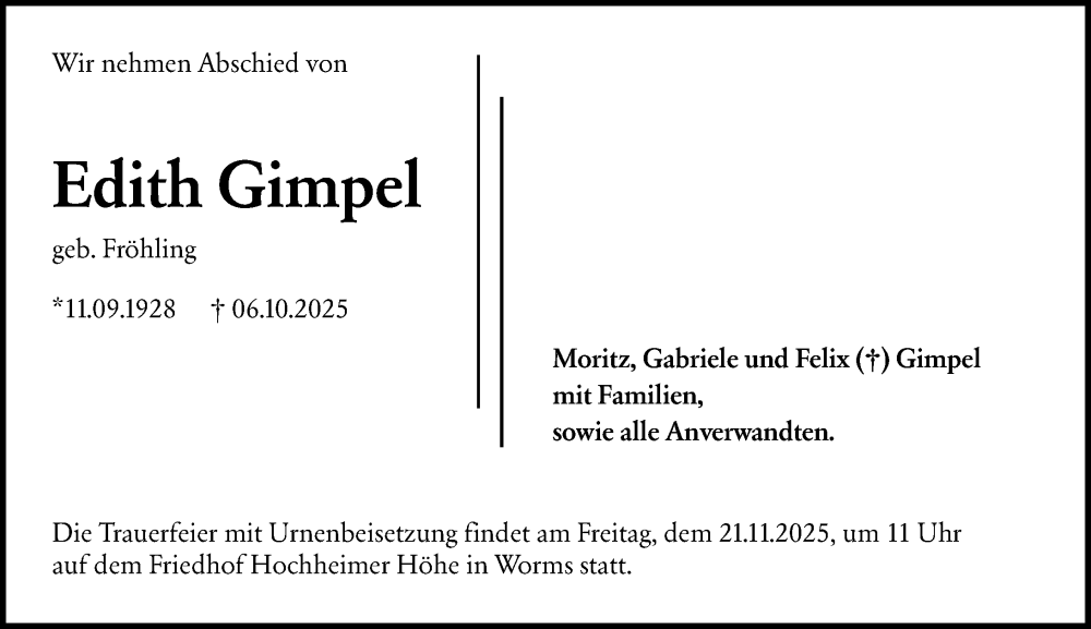  Traueranzeige für Edith Gimpel vom 15.11.2025 aus Wormser Zeitung