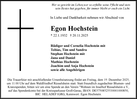 Traueranzeige von Egon Hochstein von Rüsselsheimer Echo