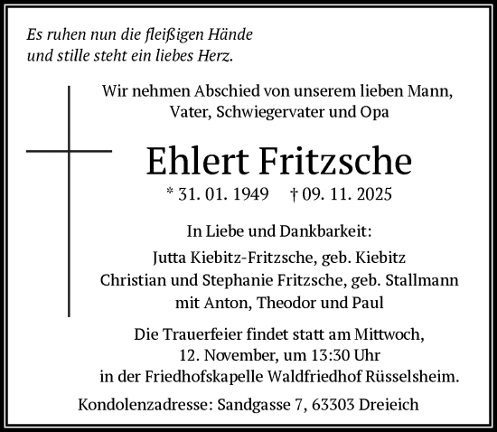 Traueranzeige von Ehlert Fritzsche von Rüsselsheimer Echo