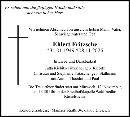 Traueranzeige von Ehlert Fritzsche von Rüsselsheimer Echo