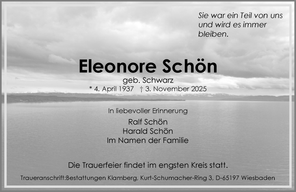  Traueranzeige für Eleonore Schön vom 22.11.2025 aus Wiesbadener Kurier