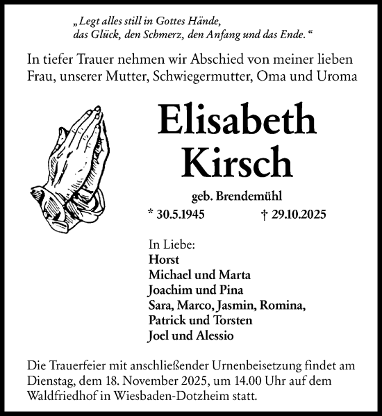 Traueranzeige von Elisabeth Kirsch von Wiesbadener Kurier